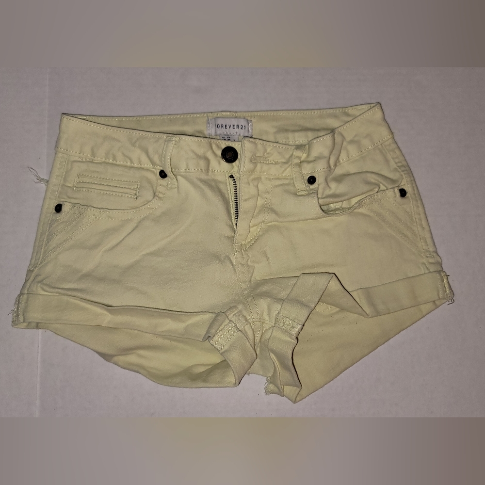 Forever 21 yellow Denim jean shorts cuffed n decorative stitching